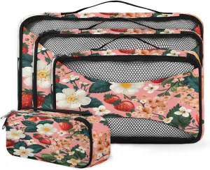 4 Set Packing Cubes for Suitcases, Travel Essentials for Carry on Luggage, Flowers Suitcase Organizers for Clothes Shoes Toiletries Travel Accessories in 4 Sizes - Graffiti Strawberry