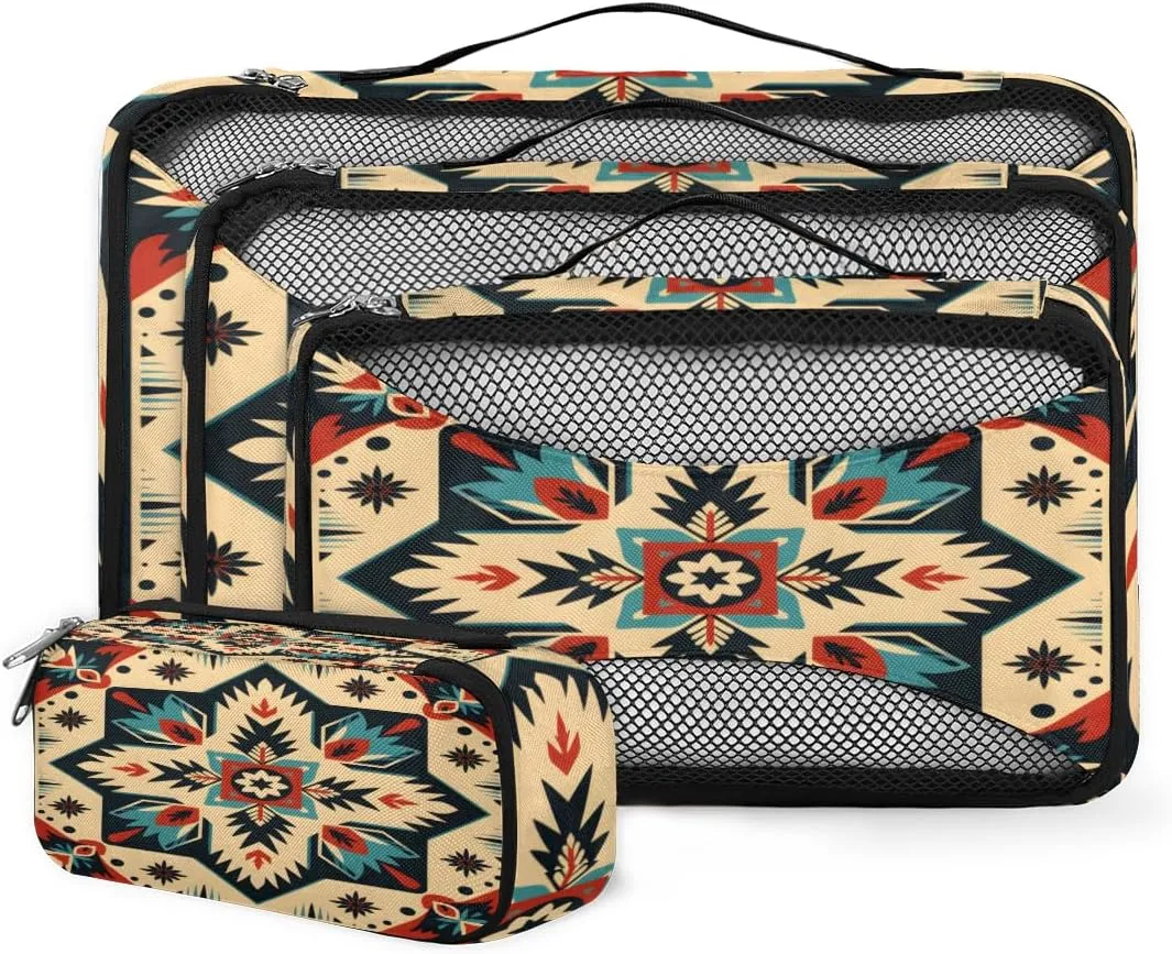 4 Set Packing Cubes for Suitcases, Travel Essentials for Carry on Luggage, Geometry Flower Suitcase Organizers for Clothes Shoes Toiletries Travel Accessories in 4 Sizes - Retro Aztec