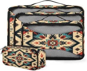 4 Set Packing Cubes for Suitcases, Travel Essentials for Carry on Luggage, Geometry Flower Suitcase Organizers for Clothes Shoes Toiletries Travel Accessories in 4 Sizes - Retro Aztec