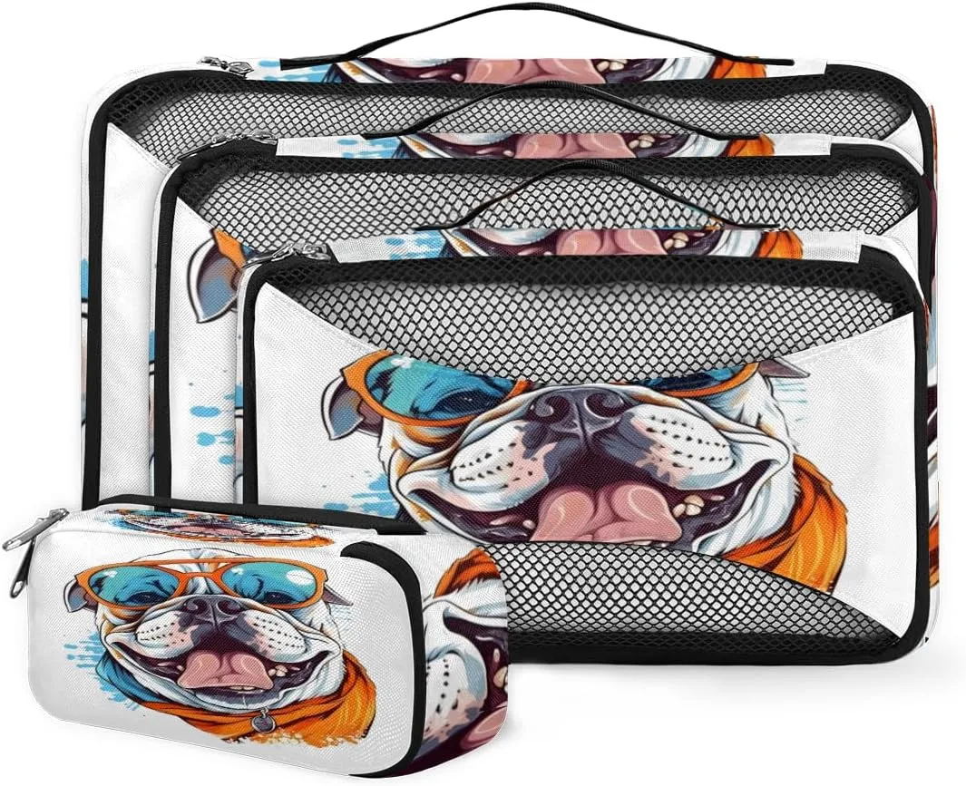 4 Set Packing Cubes for Suitcases, Travel Essentials for Carry on Luggage, Glasses Puppy Suitcase Organizers for Clothes Shoes Toiletries Travel Accessories in 4 Sizes - Shapi Dog
