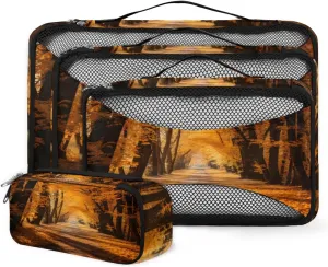 4 Set Packing Cubes for Suitcases, Travel Essentials for Carry on Luggage, Glitter Forest Suitcase Organizers for Clothes Shoes Toiletries Travel Accessories in 4 Sizes - Sunset Forest