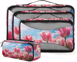 4 Set Packing Cubes for Suitcases, Travel Essentials for Carry on Luggage, Graffiti Tulips Suitcase Organizers for Clothes Shoes Toiletries Travel Accessories in 4 Sizes - Colorful Tulips