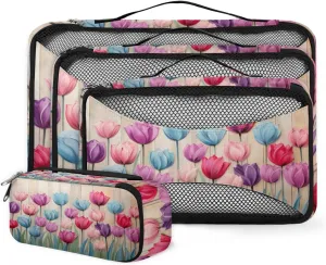 4 Set Packing Cubes for Suitcases, Travel Essentials for Carry on Luggage, Graffiti Tulips Suitcase Organizers for Clothes Shoes Toiletries Travel Accessories in 4 Sizes - Watercolor Tulips