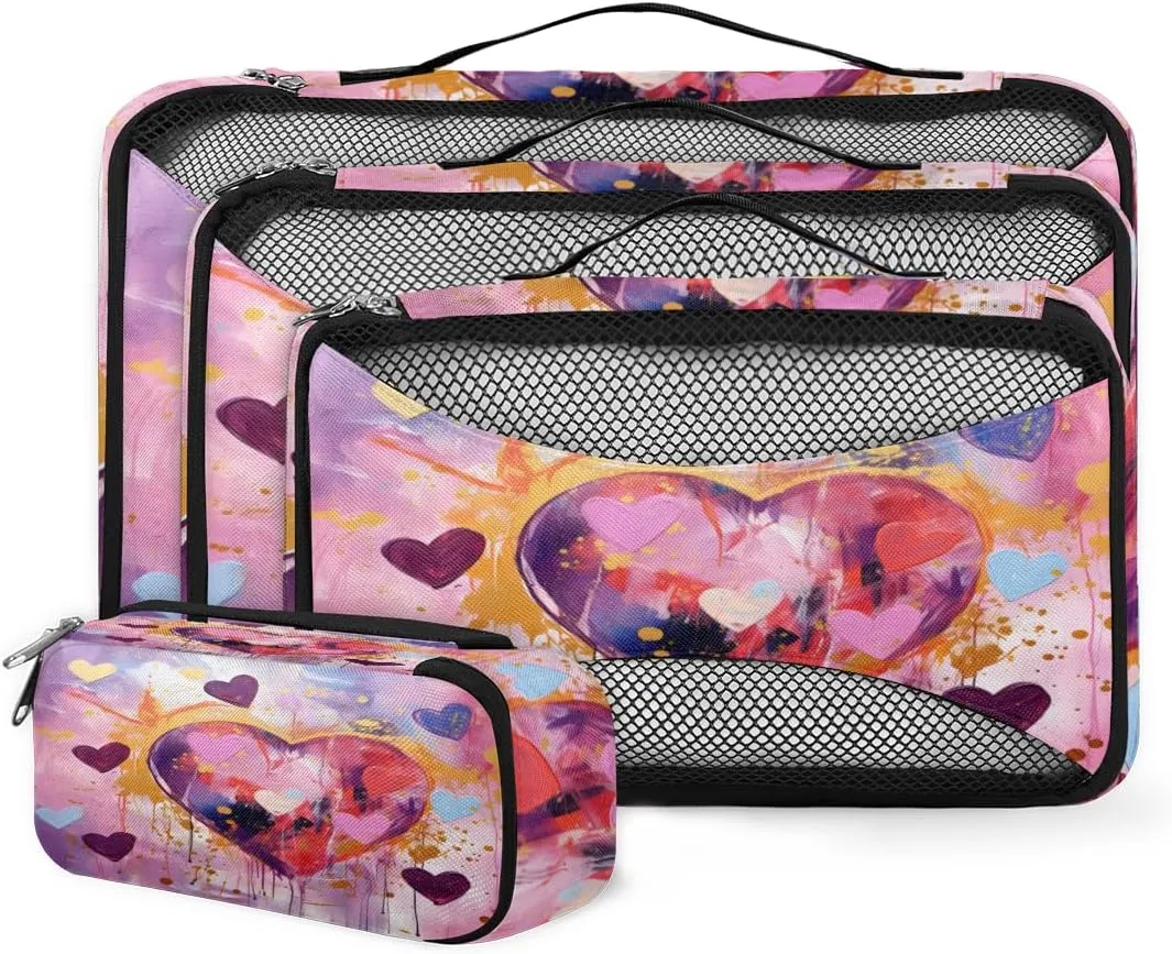 4 Set Packing Cubes for Suitcases, Travel Essentials for Carry on Luggage, Magical Heart Suitcase Organizers for Clothes Shoes Toiletries Travel Accessories in 4 Sizes - Fantastic Heart