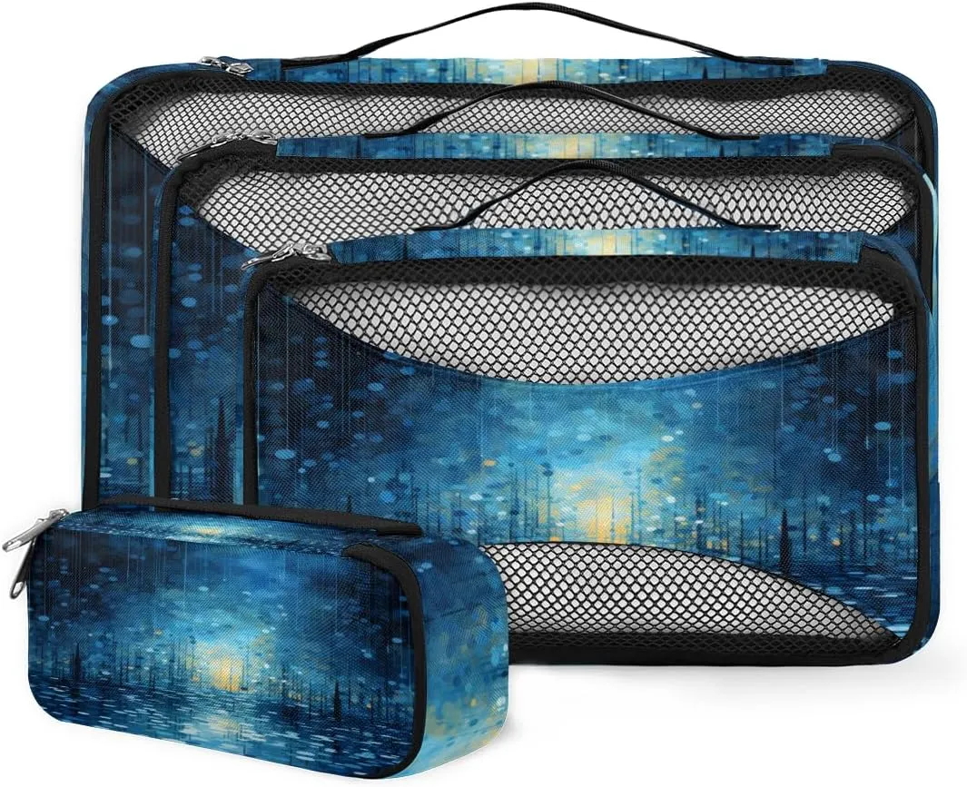 4 Set Packing Cubes for Suitcases, Travel Essentials for Carry on Luggage, Midnight Blue Suitcase Organizers for Clothes Shoes Toiletries Travel Accessories in 4 Sizes - Glitter