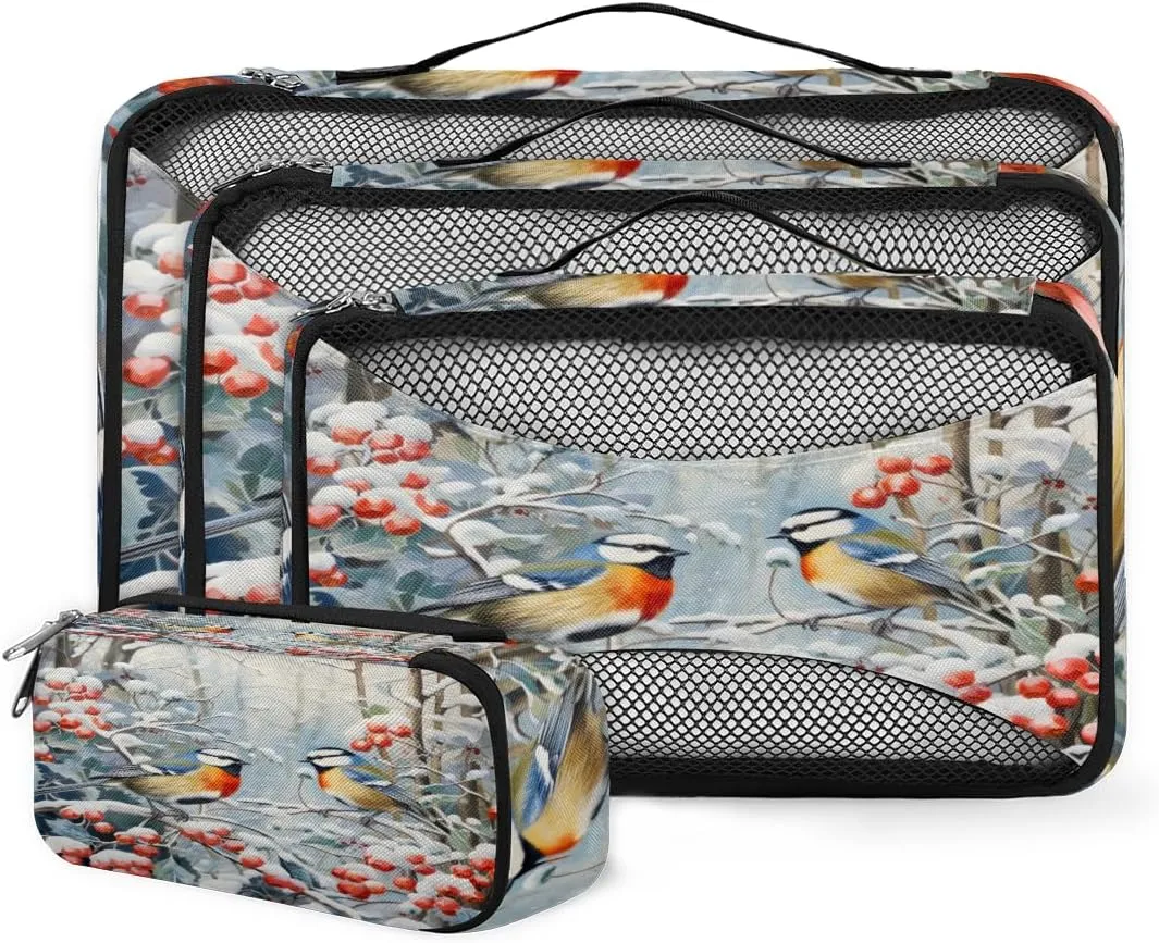 4 Set Packing Cubes for Suitcases, Travel Essentials for Carry on Luggage, Mystical Bird Suitcase Organizers for Clothes Shoes Toiletries Travel Accessories in 4 Sizes - Holly Fruit