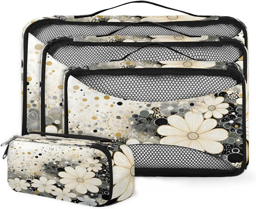 4 Set Packing Cubes for Suitcases, Travel Essentials for Carry on Luggage, Mystical Flowers Suitcase Organizers for Clothes Shoes Toiletries Travel Accessories in 4 Sizes - Retro Flowers