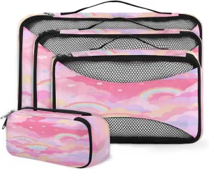 4 Set Packing Cubes for Suitcases, Travel Essentials for Carry on Luggage, Pink Suitcase Organizers for Clothes Shoes Toiletries Travel Accessories in 4 Sizes - Rainbow