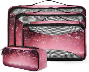 4 Set Packing Cubes for Suitcases, Travel Essentials for Carry on Luggage, Purple Pink Suitcase Organizers for Clothes Shoes Toiletries Travel Accessories in 4 Sizes - Glitter