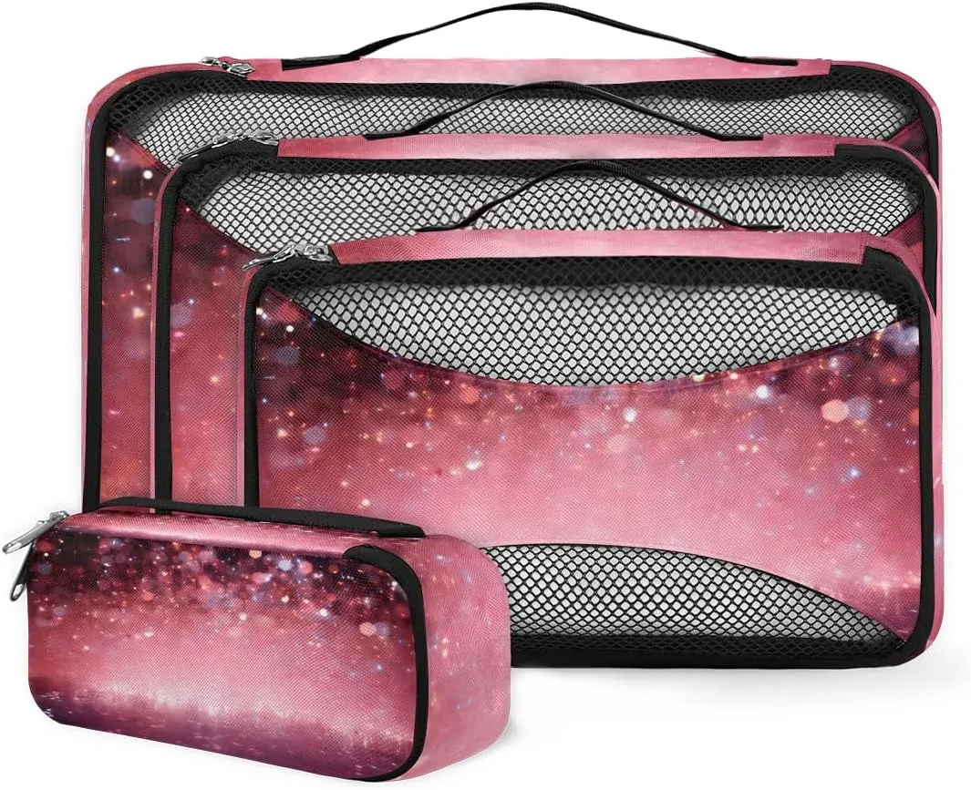 4 Set Packing Cubes for Suitcases, Travel Essentials for Carry on Luggage, Purple Pink Suitcase Organizers for Clothes Shoes Toiletries Travel Accessories in 4 Sizes - Glitter