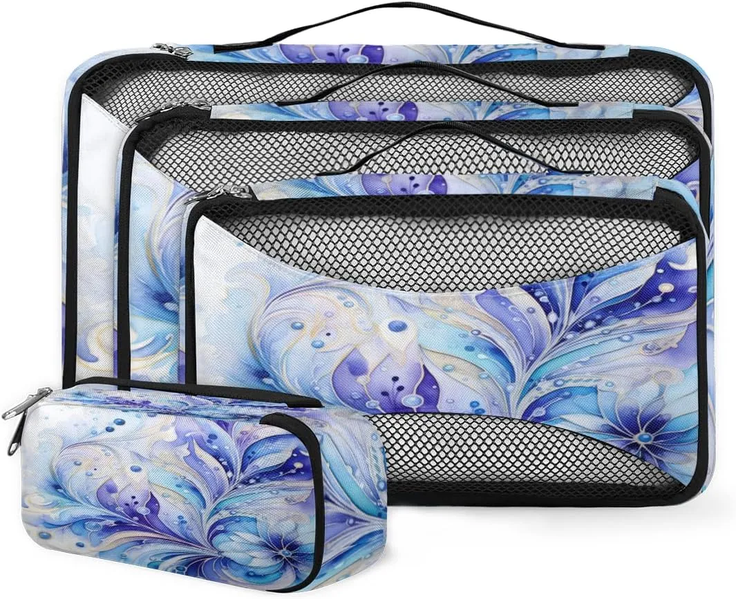 4 Set Packing Cubes for Suitcases, Travel Essentials for Carry on Luggage, Purple Suitcase Organizers for Clothes Shoes Toiletries Travel Accessories in 4 Sizes - Tie Dyeing