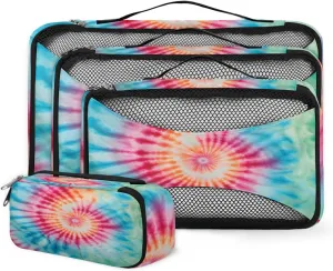 4 Set Packing Cubes for Suitcases, Travel Essentials for Carry on Luggage, Red Purple Suitcase Organizers for Clothes Shoes Toiletries Travel Accessories in 4 Sizes - Tie Dyeing