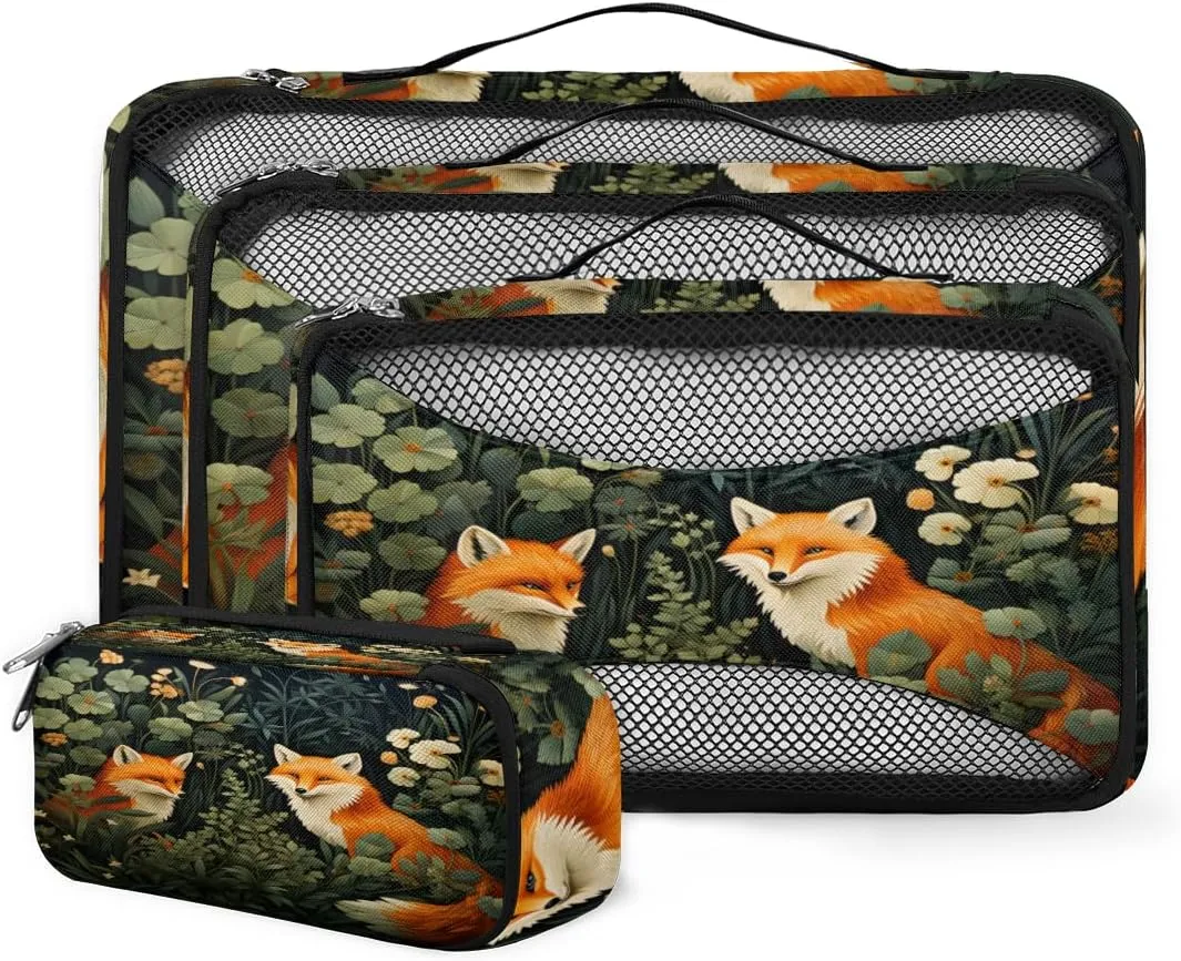 4 Set Packing Cubes for Suitcases, Travel Essentials for Carry on Luggage, Retro Fox Suitcase Organizers for Clothes Shoes Toiletries Travel Accessories in 4 Sizes - Graffiti Fox