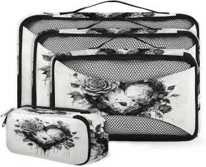 4 Set Packing Cubes for Suitcases, Travel Essentials for Carry on Luggage, Romantic Rose Suitcase Organizers for Clothes Shoes Toiletries Travel Accessories in 4 Sizes - Abstract Rose
