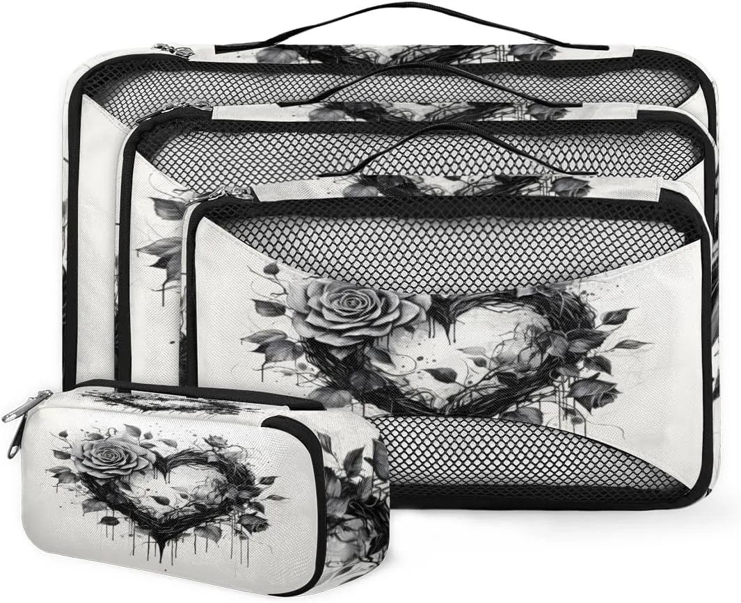 4 Set Packing Cubes for Suitcases, Travel Essentials for Carry on Luggage, Romantic Rose Suitcase Organizers for Clothes Shoes Toiletries Travel Accessories in 4 Sizes - Abstract Rose