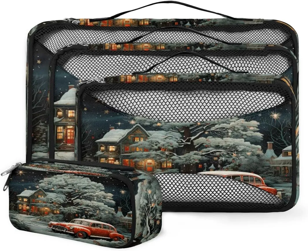 4 Set Packing Cubes for Suitcases, Travel Essentials for Carry on Luggage, Snow Suitcase Organizers for Clothes Shoes Toiletries Travel Accessories in 4 Sizes - Christmas Truck