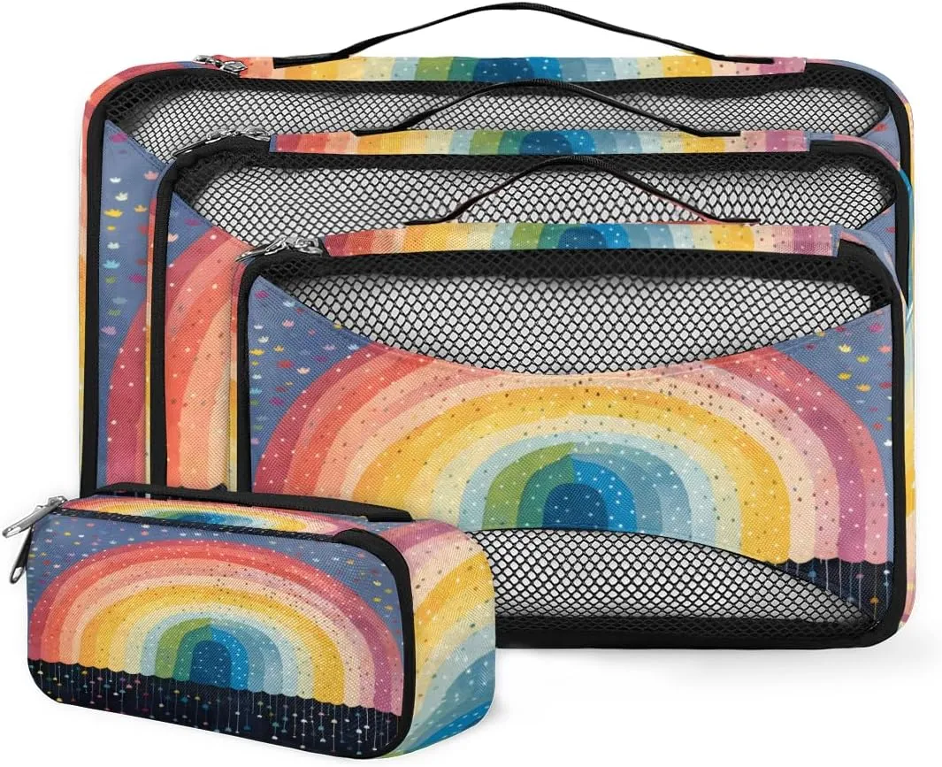 4 Set Packing Cubes for Suitcases, Travel Essentials for Carry on Luggage, Star Glitter Suitcase Organizers for Clothes Shoes Toiletries Travel Accessories in 4 Sizes - Rainbow