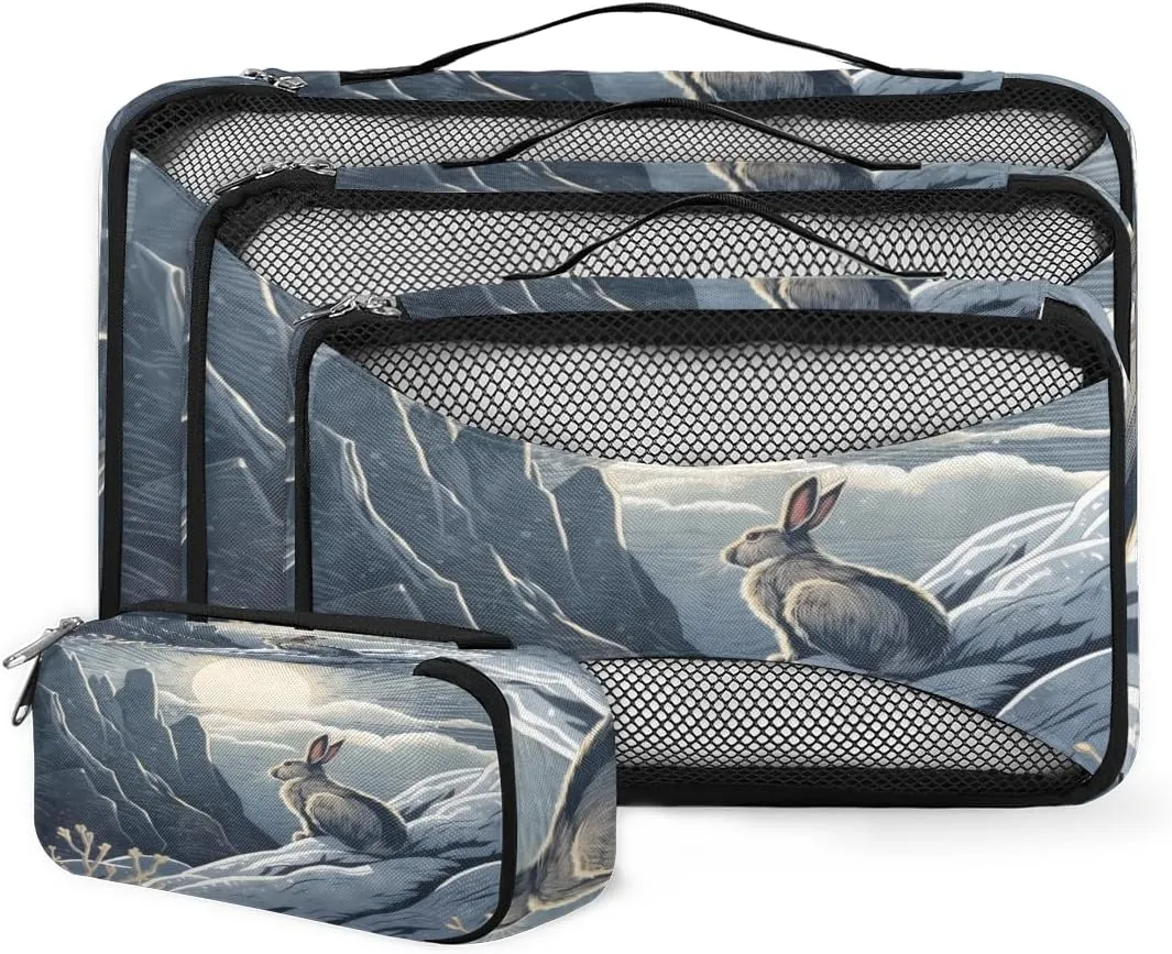 4 Set Packing Cubes for Suitcases, Travel Essentials for Carry on Luggage, Suitcase Organizers for Clothes Shoes Toiletries Travel Accessories in 4 Sizes - Abstract Rabbit