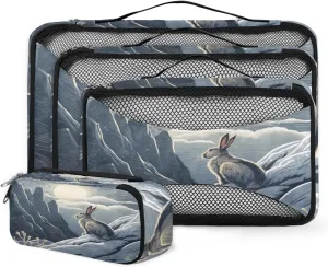 4 Set Packing Cubes for Suitcases, Travel Essentials for Carry on Luggage, Suitcase Organizers for Clothes Shoes Toiletries Travel Accessories in 4 Sizes - Abstract Rabbit