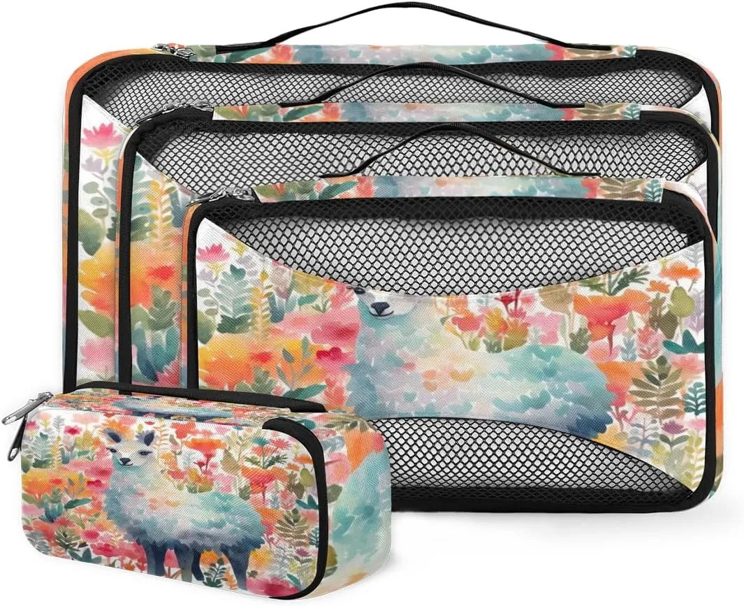 4 Set Packing Cubes for Suitcases, Travel Essentials for Carry on Luggage, Suitcase Organizers for Clothes Shoes Toiletries Travel Accessories in 4 Sizes - Alpaca Flower