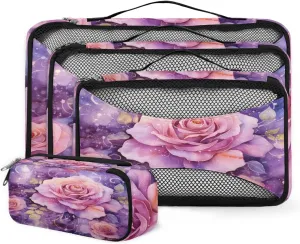 4 Set Packing Cubes for Suitcases, Travel Essentials for Carry on Luggage, Suitcase Organizers for Clothes Shoes Toiletries Travel Accessories in 4 Sizes - Beautiful Floral Rose