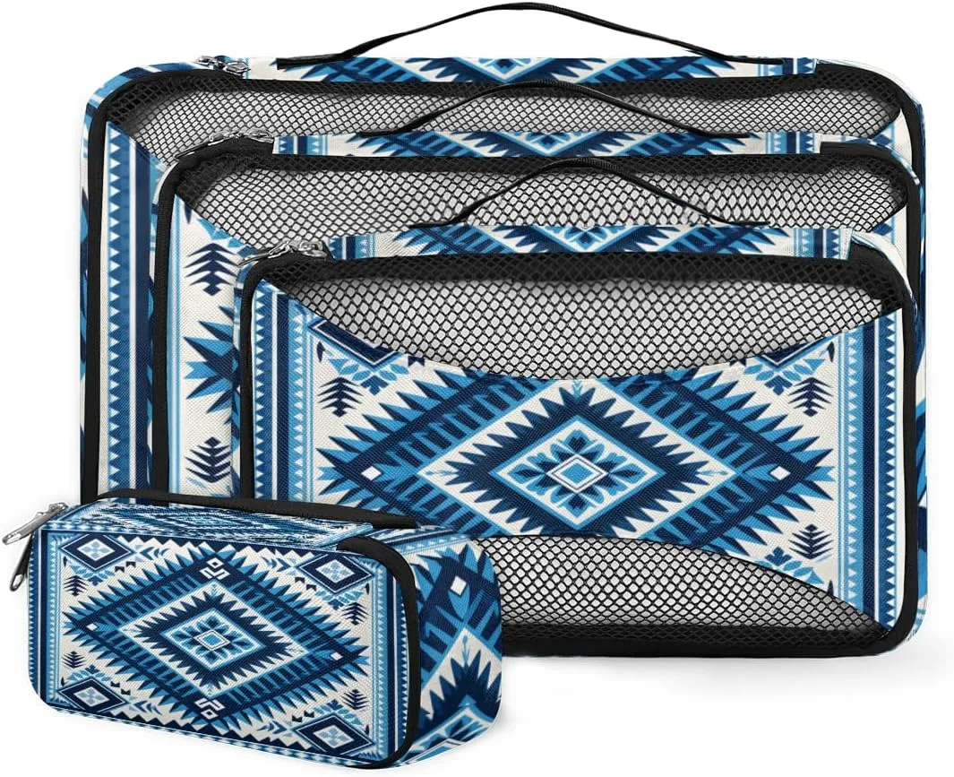 4 Set Packing Cubes for Suitcases, Travel Essentials for Carry on Luggage, Suitcase Organizers for Clothes Shoes Toiletries Travel Accessories in 4 Sizes - Blue Geometry Aztec