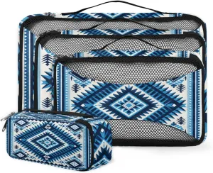 4 Set Packing Cubes for Suitcases, Travel Essentials for Carry on Luggage, Suitcase Organizers for Clothes Shoes Toiletries Travel Accessories in 4 Sizes - Blue Geometry Aztec