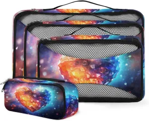 4 Set Packing Cubes for Suitcases, Travel Essentials for Carry on Luggage, Suitcase Organizers for Clothes Shoes Toiletries Travel Accessories in 4 Sizes - Colorful Diamond Heart