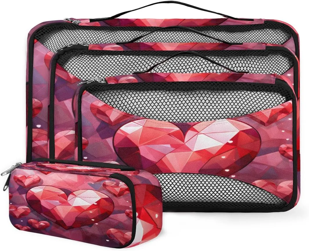 4 Set Packing Cubes for Suitcases, Travel Essentials for Carry on Luggage, Suitcase Organizers for Clothes Shoes Toiletries Travel Accessories in 4 Sizes - Diamond Heart