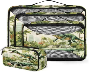 4 Set Packing Cubes for Suitcases, Travel Essentials for Carry on Luggage, Suitcase Organizers for Clothes Shoes Toiletries Travel Accessories in 4 Sizes - Dinosaur Truck
