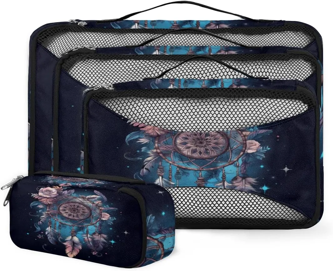 4 Set Packing Cubes for Suitcases, Travel Essentials for Carry on Luggage, Suitcase Organizers for Clothes Shoes Toiletries Travel Accessories in 4 Sizes - Dream Catcher Flowers