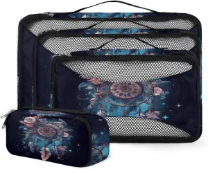 4 Set Packing Cubes for Suitcases, Travel Essentials for Carry on Luggage, Suitcase Organizers for Clothes Shoes Toiletries Travel Accessories in 4 Sizes - Dream Catcher Flowers