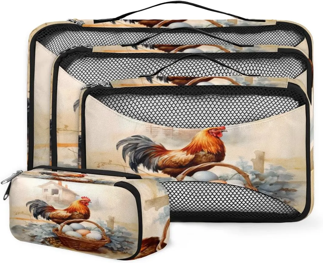4 Set Packing Cubes for Suitcases, Travel Essentials for Carry on Luggage, Suitcase Organizers for Clothes Shoes Toiletries Travel Accessories in 4 Sizes - Easter Egg Rooster