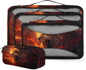 4 Set Packing Cubes for Suitcases, Travel Essentials for Carry on Luggage, Suitcase Organizers for Clothes Shoes Toiletries Travel Accessories in 4 Sizes - Fire Lion