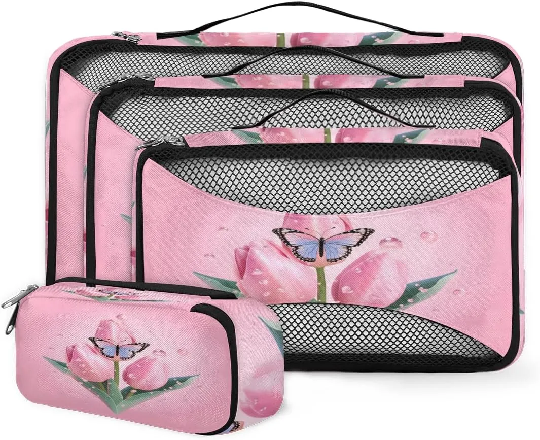 4 Set Packing Cubes for Suitcases, Travel Essentials for Carry on Luggage, Suitcase Organizers for Clothes Shoes Toiletries Travel Accessories in 4 Sizes - Flowers Tulips Butterfly