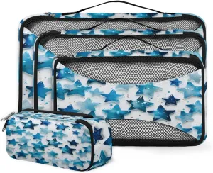 4 Set Packing Cubes for Suitcases, Travel Essentials for Carry on Luggage, Suitcase Organizers for Clothes Shoes Toiletries Travel Accessories in 4 Sizes - Glitter Blue Star