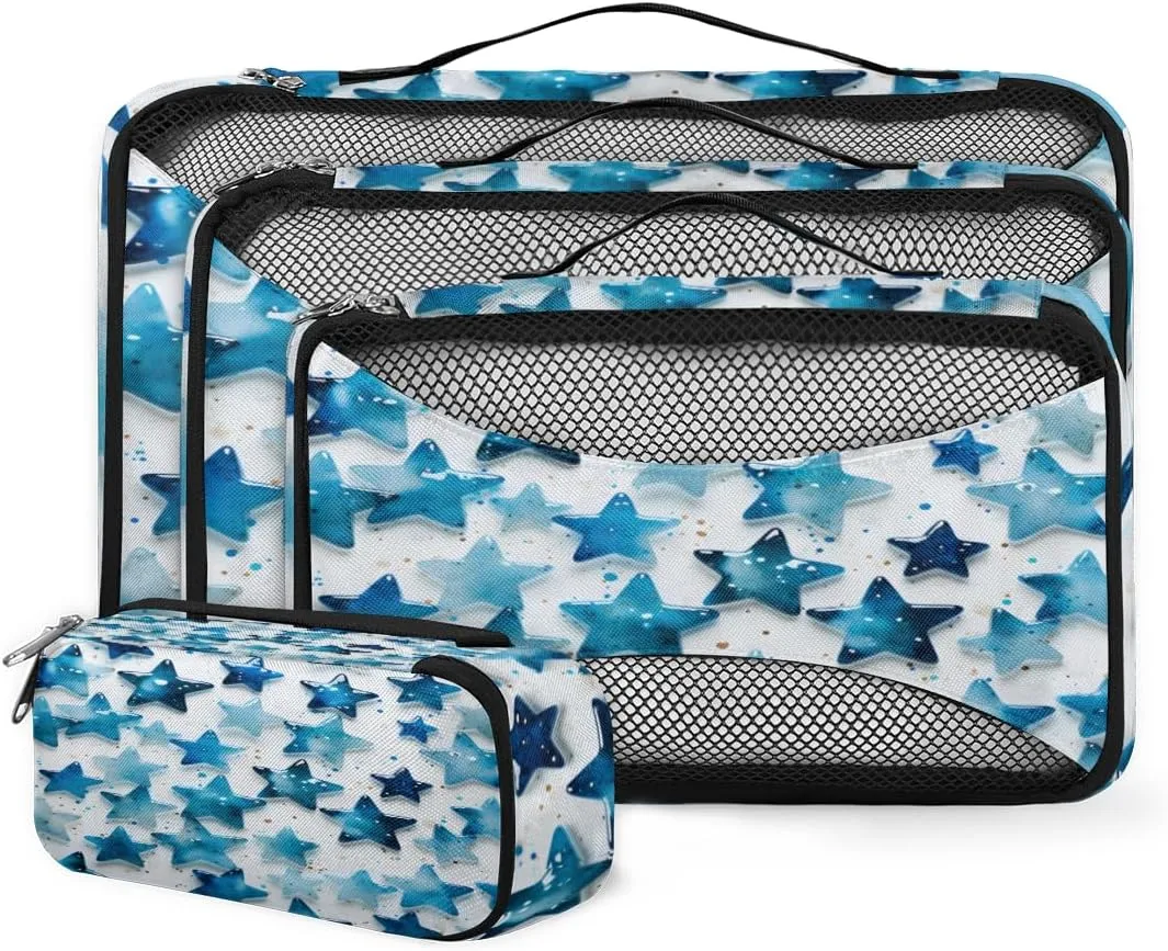 4 Set Packing Cubes for Suitcases, Travel Essentials for Carry on Luggage, Suitcase Organizers for Clothes Shoes Toiletries Travel Accessories in 4 Sizes - Glitter Blue Star