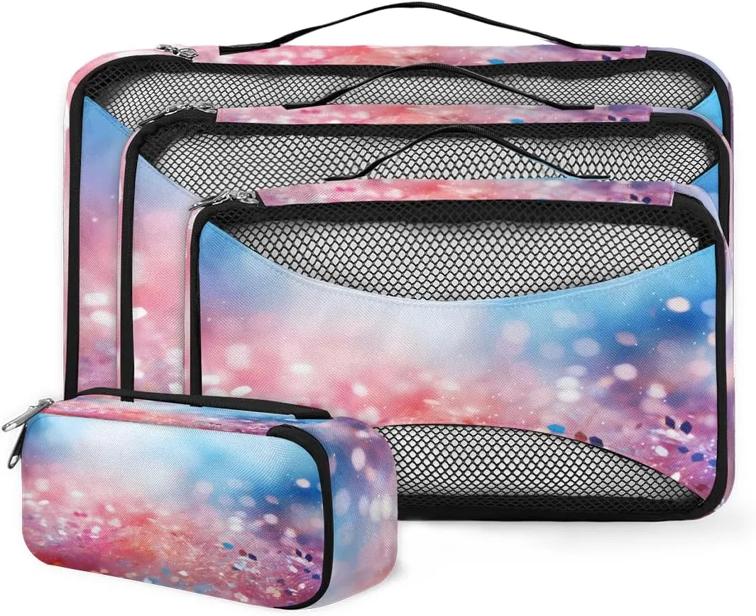 4 Set Packing Cubes for Suitcases, Travel Essentials for Carry on Luggage, Suitcase Organizers for Clothes Shoes Toiletries Travel Accessories in 4 Sizes - Glitter Flower
