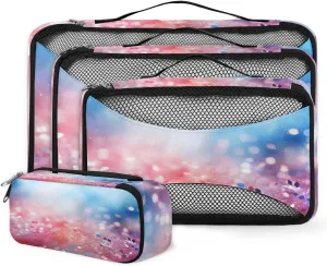 4 Set Packing Cubes for Suitcases, Travel Essentials for Carry on Luggage, Suitcase Organizers for Clothes Shoes Toiletries Travel Accessories in 4 Sizes - Glitter Flower