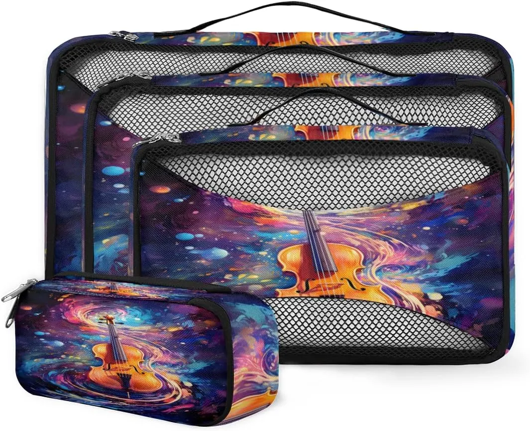 4 Set Packing Cubes for Suitcases, Travel Essentials for Carry on Luggage, Suitcase Organizers for Clothes Shoes Toiletries Travel Accessories in 4 Sizes - Glitter Guitar