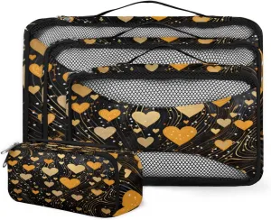 4 Set Packing Cubes for Suitcases, Travel Essentials for Carry on Luggage, Suitcase Organizers for Clothes Shoes Toiletries Travel Accessories in 4 Sizes - Gold Heart