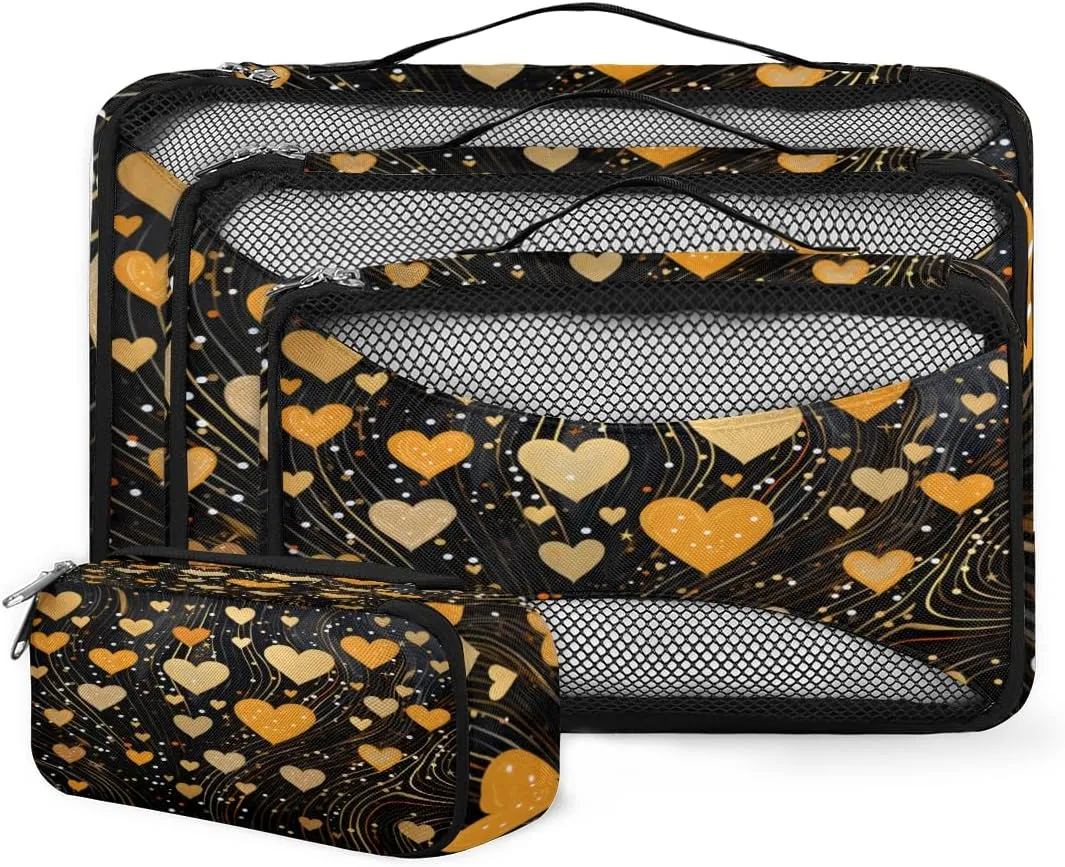 4 Set Packing Cubes for Suitcases, Travel Essentials for Carry on Luggage, Suitcase Organizers for Clothes Shoes Toiletries Travel Accessories in 4 Sizes - Gold Heart