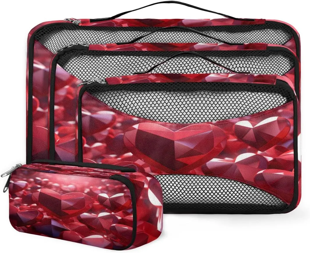 4 Set Packing Cubes for Suitcases, Travel Essentials for Carry on Luggage, Suitcase Organizers for Clothes Shoes Toiletries Travel Accessories in 4 Sizes - Heart Diamond