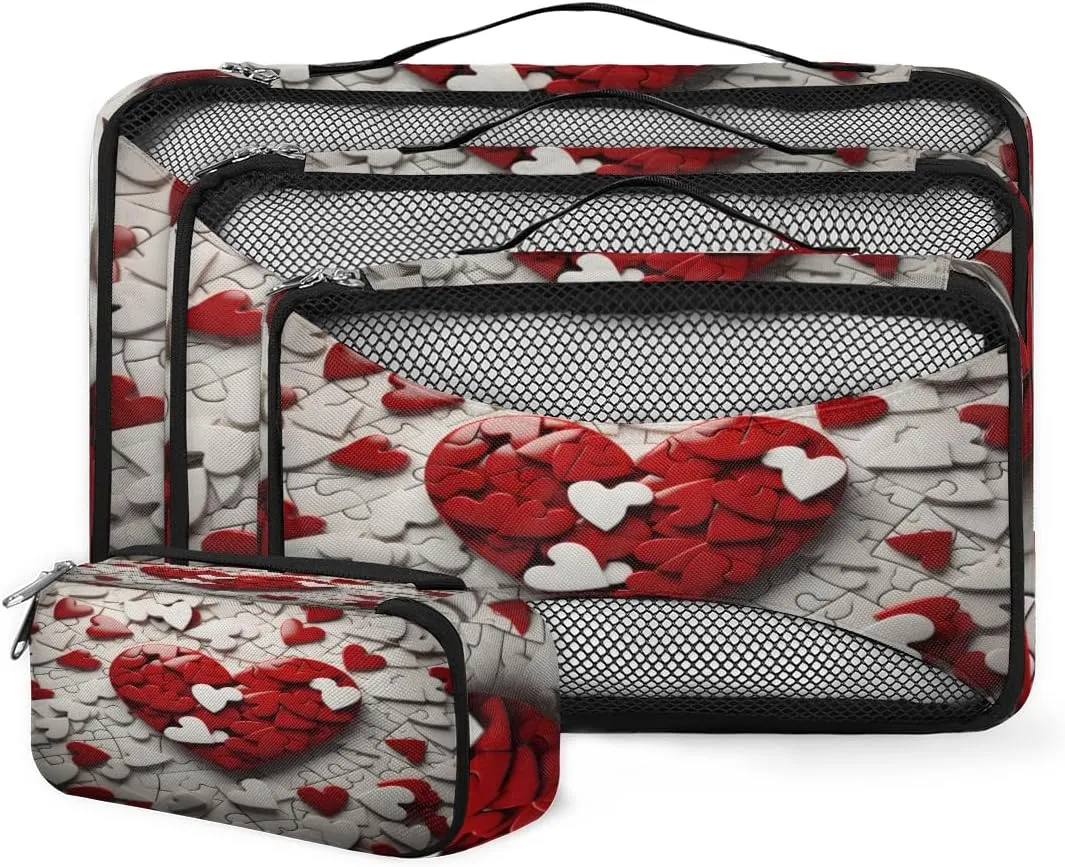4 Set Packing Cubes for Suitcases, Travel Essentials for Carry on Luggage, Suitcase Organizers for Clothes Shoes Toiletries Travel Accessories in 4 Sizes - Heart Jigsaw