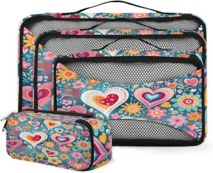 4 Set Packing Cubes for Suitcases, Travel Essentials for Carry on Luggage, Suitcase Organizers for Clothes Shoes Toiletries Travel Accessories in 4 Sizes - Heart mandala Flower