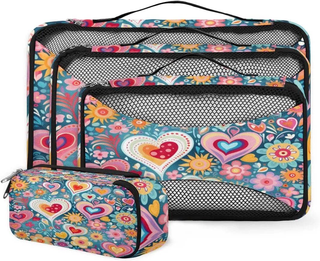 4 Set Packing Cubes for Suitcases, Travel Essentials for Carry on Luggage, Suitcase Organizers for Clothes Shoes Toiletries Travel Accessories in 4 Sizes - Heart mandala Flower