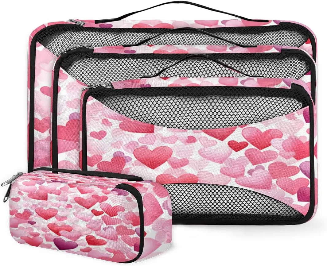 4 Set Packing Cubes for Suitcases, Travel Essentials for Carry on Luggage, Suitcase Organizers for Clothes Shoes Toiletries Travel Accessories in 4 Sizes - Light Pink Heart