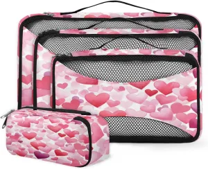 4 Set Packing Cubes for Suitcases, Travel Essentials for Carry on Luggage, Suitcase Organizers for Clothes Shoes Toiletries Travel Accessories in 4 Sizes - Light Pink Heart