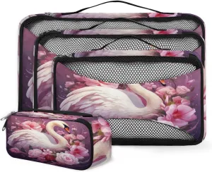 4 Set Packing Cubes for Suitcases, Travel Essentials for Carry on Luggage, Suitcase Organizers for Clothes Shoes Toiletries Travel Accessories in 4 Sizes - Pink Flower Swan