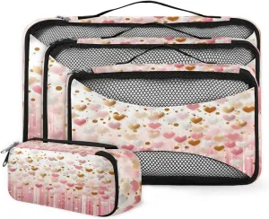 4 Set Packing Cubes for Suitcases, Travel Essentials for Carry on Luggage, Suitcase Organizers for Clothes Shoes Toiletries Travel Accessories in 4 Sizes - Pink Gold Heart